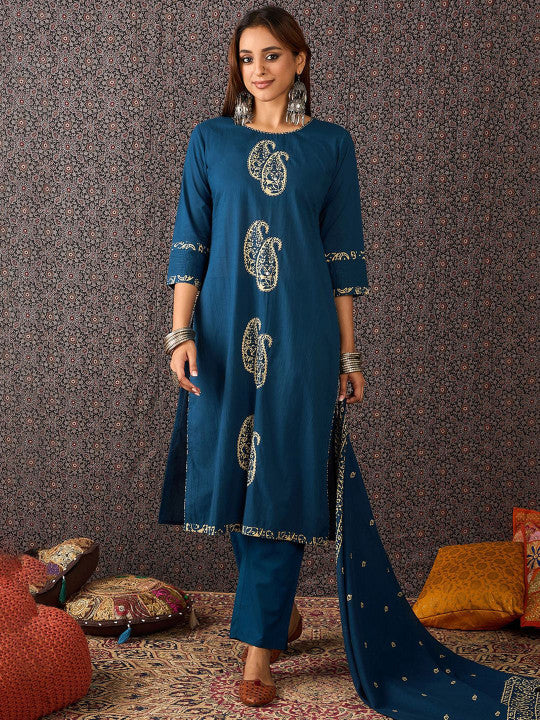 Indo Era Printed Round Neck Thread Work Pure Cotton Straight Kurta With Trousers & Dupatta