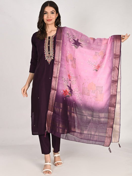 Girly Girls Floral Embroidered Straight Pure Cotton Kurta with Palazzos & Dupatta