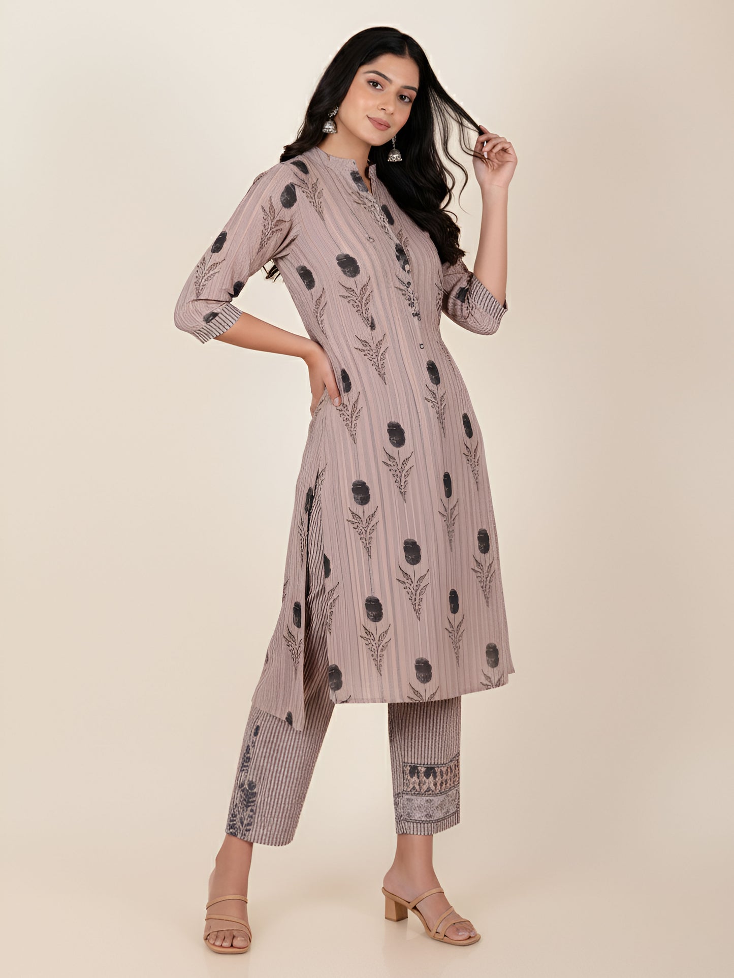 Soft Cotton Floral A-line Grey Kurta