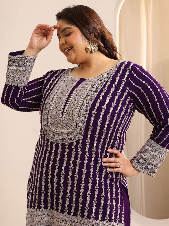 EXTRA LOVE BY LIBAS Plus Size Floral Embroidered Sequinned Kurta