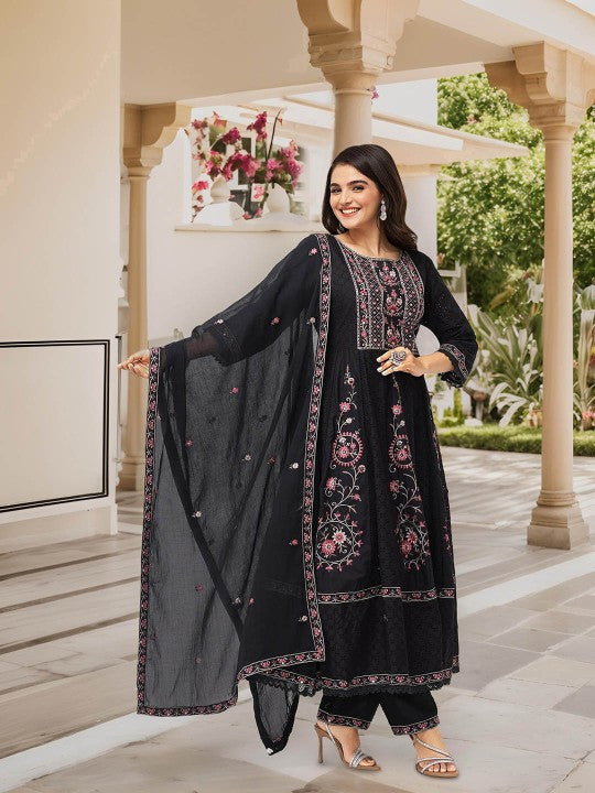 Ishin Ethnic Motifs Embroidered Pure Cotton A-Line Kurta With Trousers & Dupatta