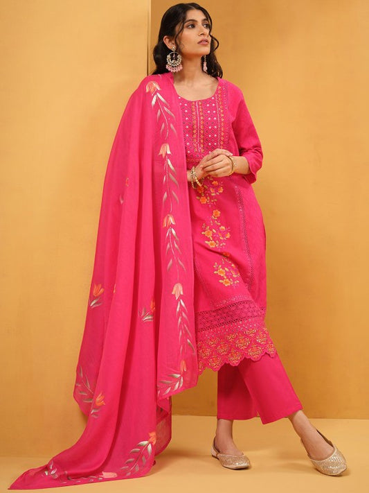 Ishin Women Embroidered Regular Beads and Stones Pure Cotton Kurta & Trousers With Dupatta