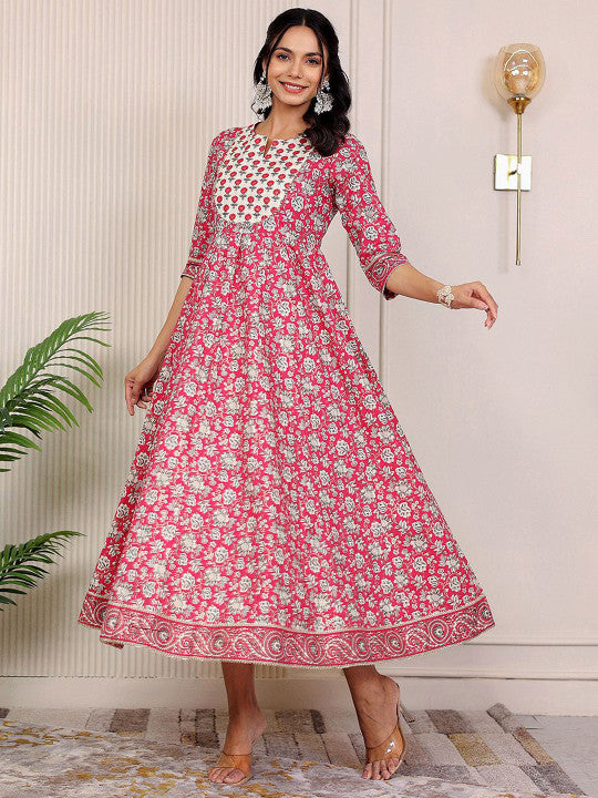 GULAB CHAND TRENDS Floral Printed Notch Neck Cotton Fit & Flare Midi Ethnic Dress