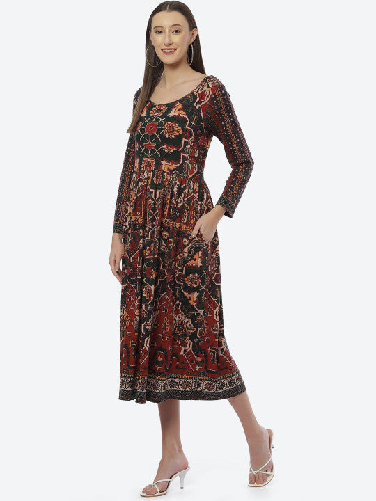 Biba Black & Red Cotton Ethnic Motifs Ethnic Midi Dress