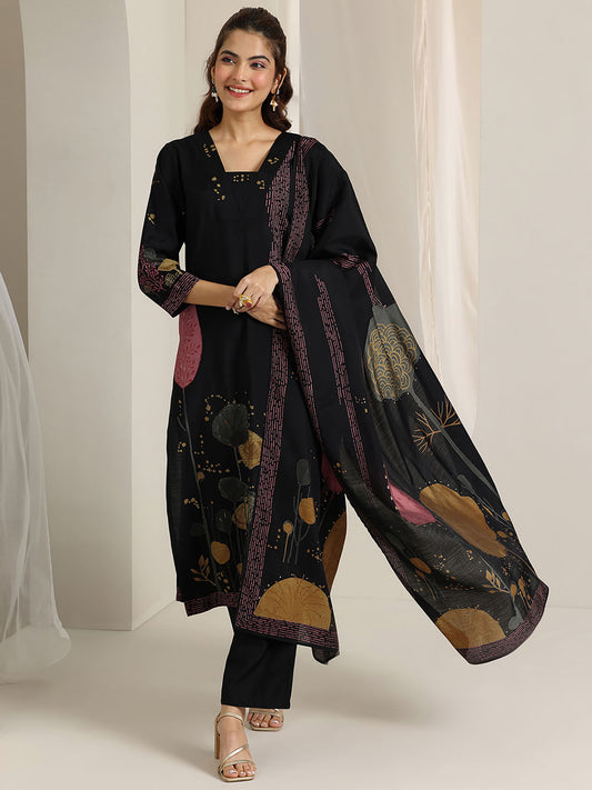 Women Black Printed Kurta with Pant &amp; Dupatta (Set of 3)