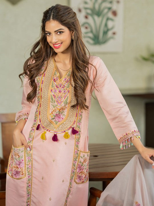 Indo Era Floral Embroidered V-Neck Sequinned A-Line Kurta