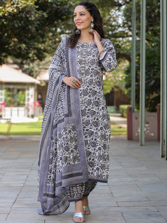 Floral Printed Thread Work Pure Cotton Straight Kurta With Salwar & Dupatta