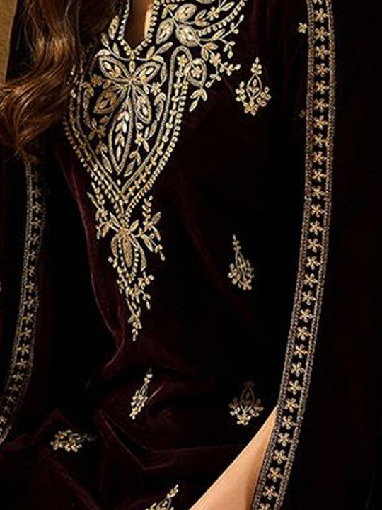 House of Pataudi Floral Embroidered Velvet Straight Kurta