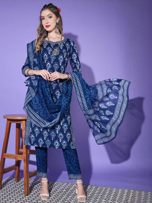 Ethnic basket Women Blue Cotton Blend Kurta Sets With Dupatta