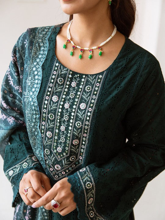 Ishin Embellished Yoke Cotton Schiffli Kurta with Lace Hemlined Pants & Art Silk Dupatta