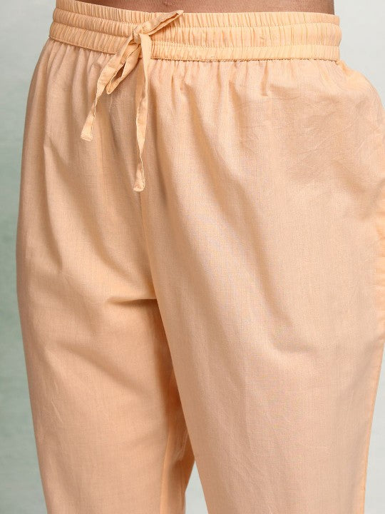 Vishudh Peach Coloured Embroidered Pure Cotton Straight Kurta with Trousers & With Dupatta
