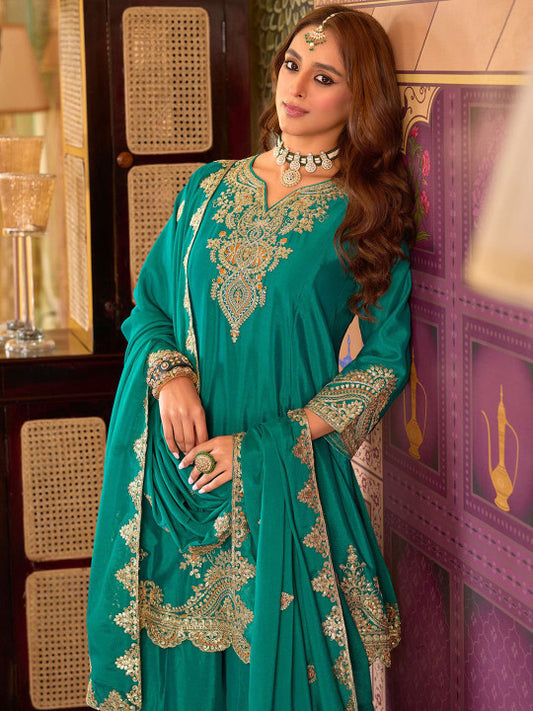 Indo Era Floral Embroidered Sequinned Chinon A-Line Kurta With Palazzos & Dupatta