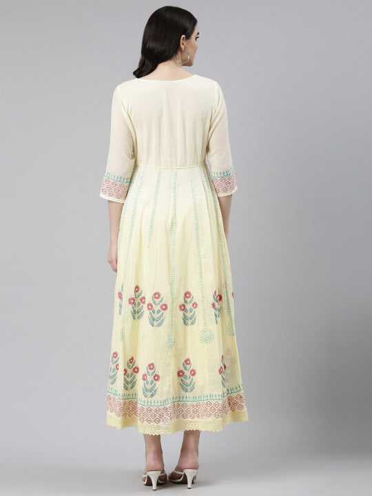 Floral Printed Round Neck Three-Quarter Sleeves Cotton Ethnic Dress