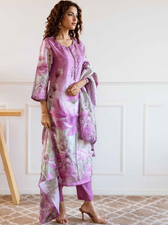 Floral Printed Sequinned Tussar Silk Straight Kurta