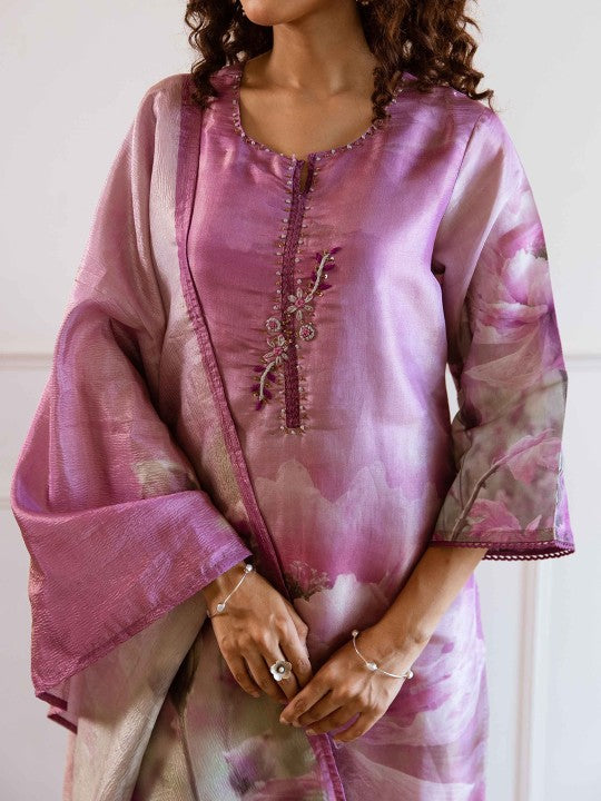Floral Printed Sequinned Tussar Silk Straight Kurta