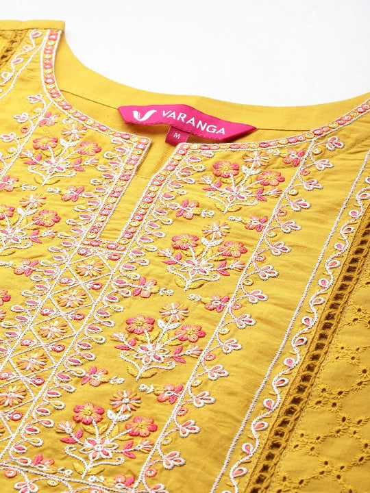 Varanga Floral Embroidered Panelled Thread Work Pure Cotton Kurta With Trousers & Dupatta