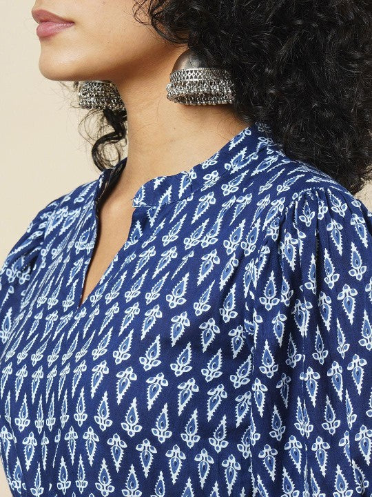 Globus Mandarin Collar Puff Sleeves Ethnic Motifs Tiered Fit & Flare Fusion Maxi Dress