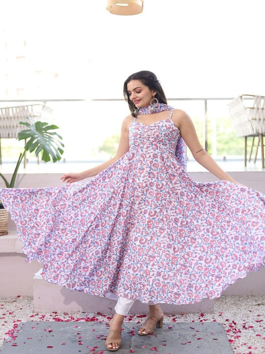 WEAVLLITE Floral Printed Anarkali Pure Cotton Kurta with Trousers & Dupatta