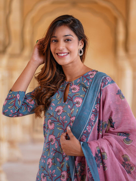 Jaitpuriya Floral Printed Keyhole Neck Pure Cotton Straight Kurta With Trousers & Dupatta