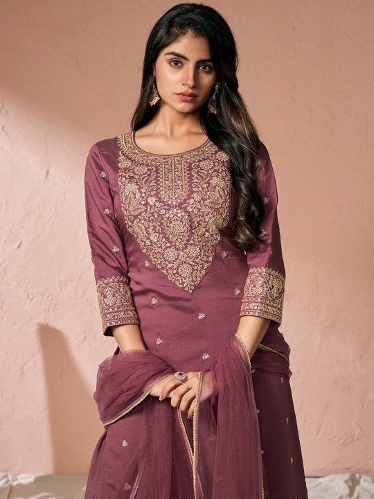 Inddus  Floral Yoke Design Regular Chanderi Cotton Kurta