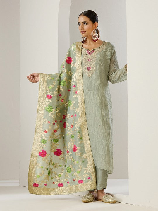 Ishin Green Ethnic Motifs Embroidered Chanderi Silk Straight Kurta