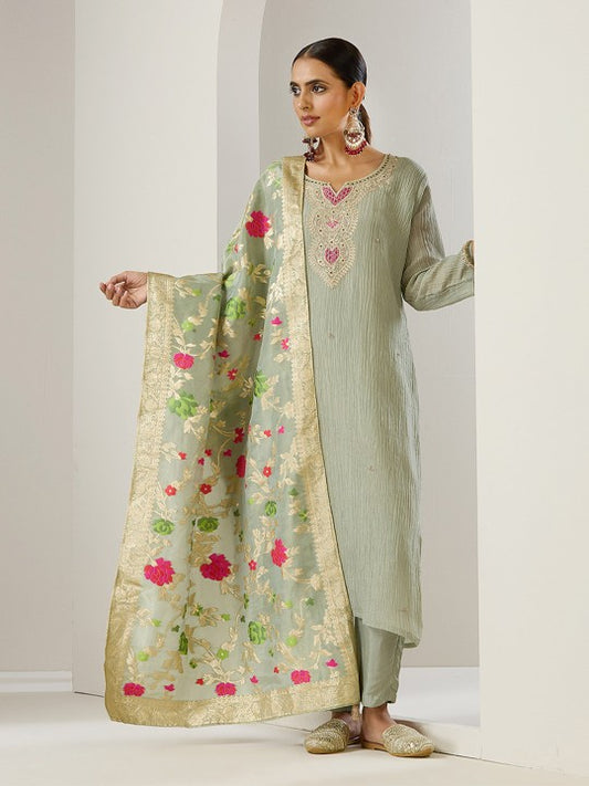 Ishin Green Ethnic Motifs Embroidered Chanderi Silk Straight Kurta
