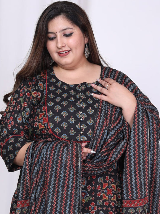 Swasti Plus Size Floral Printed Pure Cotton Kurta With Trousers & Dupatta