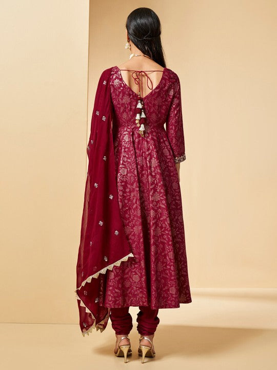 Global Desi Floral Printed Empire Thread Work Kurta with Churidar & Dupatta