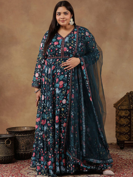 INDDUS Plus Size Floral Printed Long Sleeves Georgette Anarkali Kurta With Dupatta