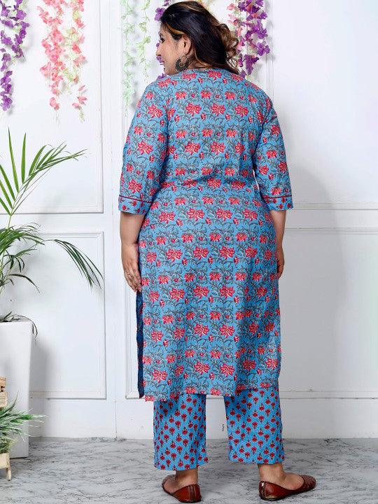 Swasti Plus Size Floral Printed Sequinned Pure Cotton Kurta With Trouser & Dupatta