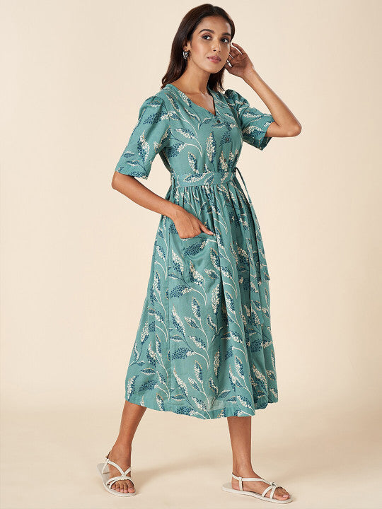 AKKRITI BY PANTALOONS Floral Printed Belt Detailed Puff Sleeves Cotton Shirt Style Dress