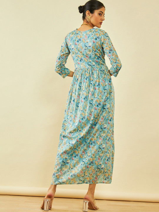 Floral Printed V-Neck Gathered Detailed Cotton Empire Midi Ethnic Dress