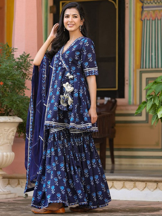 GILLORI Printed Mirror Work Gotta Patti Angrakha Pure Cotton Kurta with Sharara & Dupatta