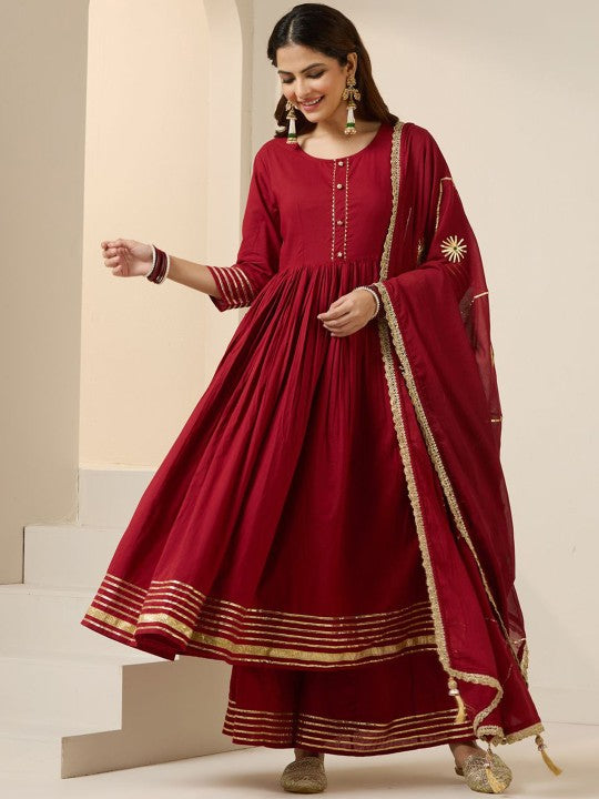 Ishin Gotta Patti Pure Cotton Round Neck Anarkali Kurta With Palazzos And Dupatta
