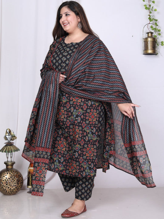 Swasti Plus Size Floral Printed Pure Cotton Kurta With Trousers & Dupatta