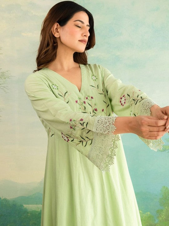 COTTONS DAILY Embroidered Zari Work Pure Cotton Anarkali Kurta With Trousers & Dupatta