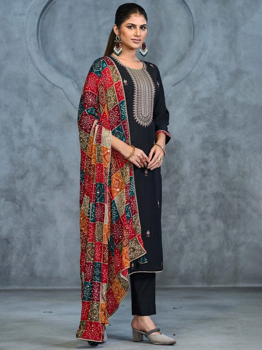 Floral Zari Embroidered Straight Pure Cotton Kurta With Trousers And Dupatta