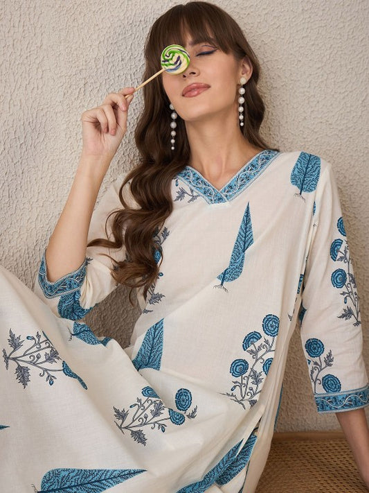 Indo Era Printed V-Neck Pure Cotton Tunic With Trouser