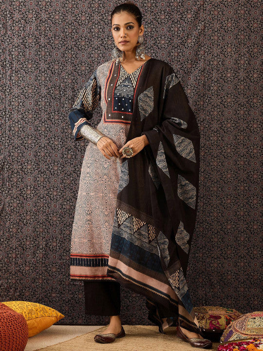 Indo Era Women Ethnic Motifs Printed Regular Beads and Stones Pure Cotton Kurta with Trousers & With Dupatta