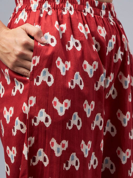 WineRed Printed Shirt Collar Three-Quarter Sleeves Pure Cotton Top & Trouser
