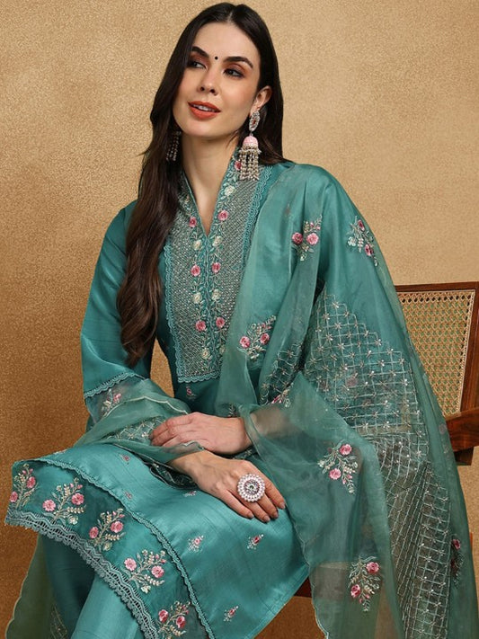 AHIKA Floral Embroidered Regular Thread Work Kurta