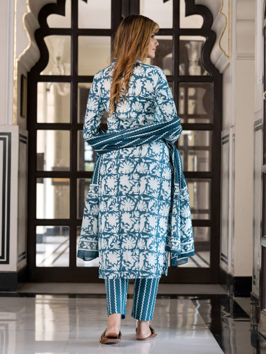 Jaitpuriya Floral Printed V-Neck Pure Cotton Straight Kurta With Trousers & Dupatta