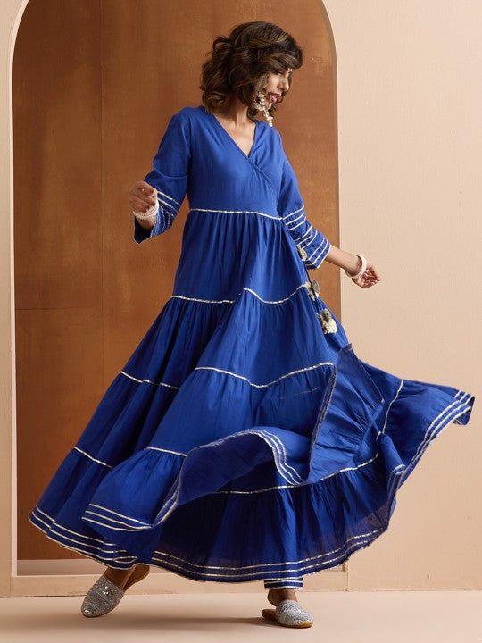 Ishin Gotta Patti Pure Cotton Anarkali Kurta With Trousers & Dupatta