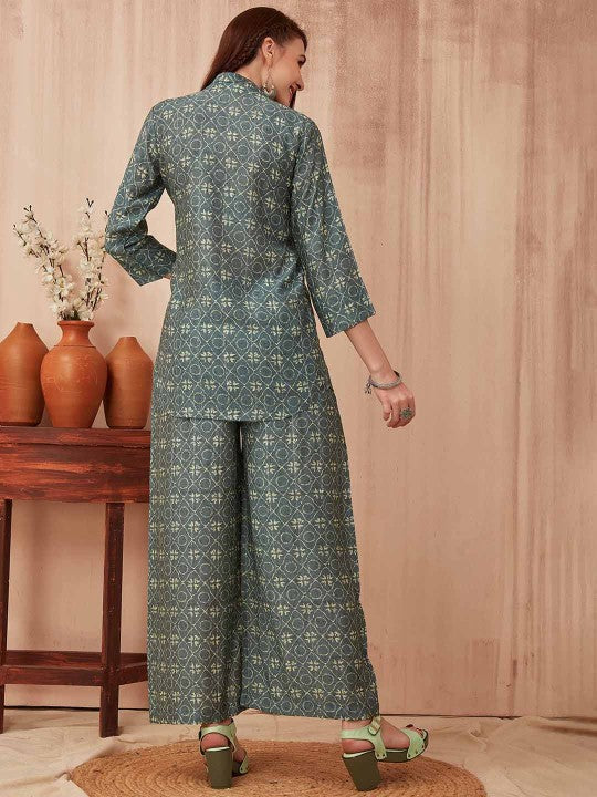 CHANSI Casual Printed V-Neck Tunic & Trousers