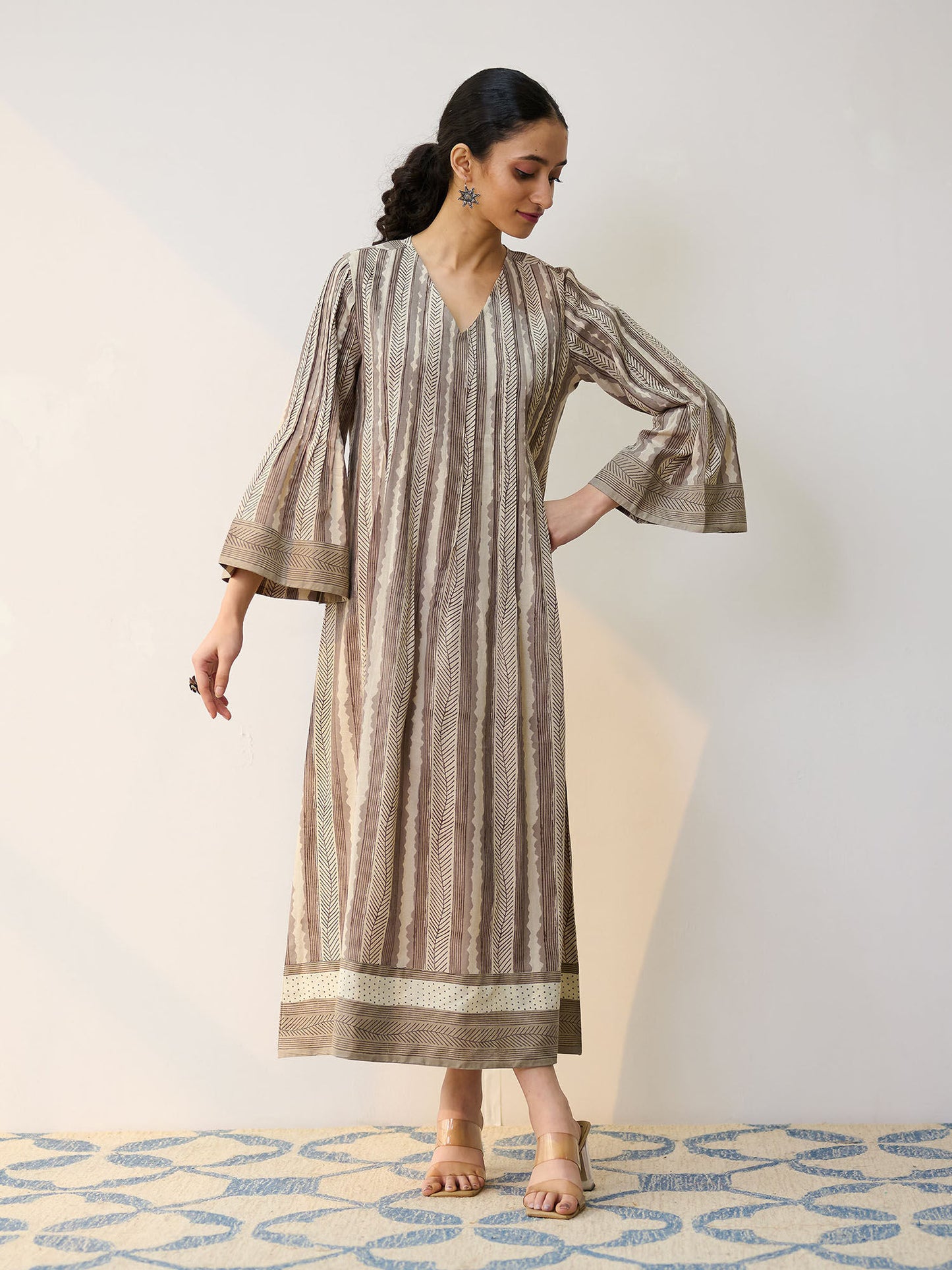 Dabu Grey Cotton A-Line Dress with Pintuck Detail