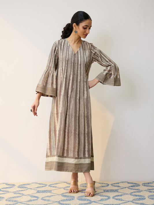 Dabu Grey Cotton A-Line Dress with Pintuck Detail
