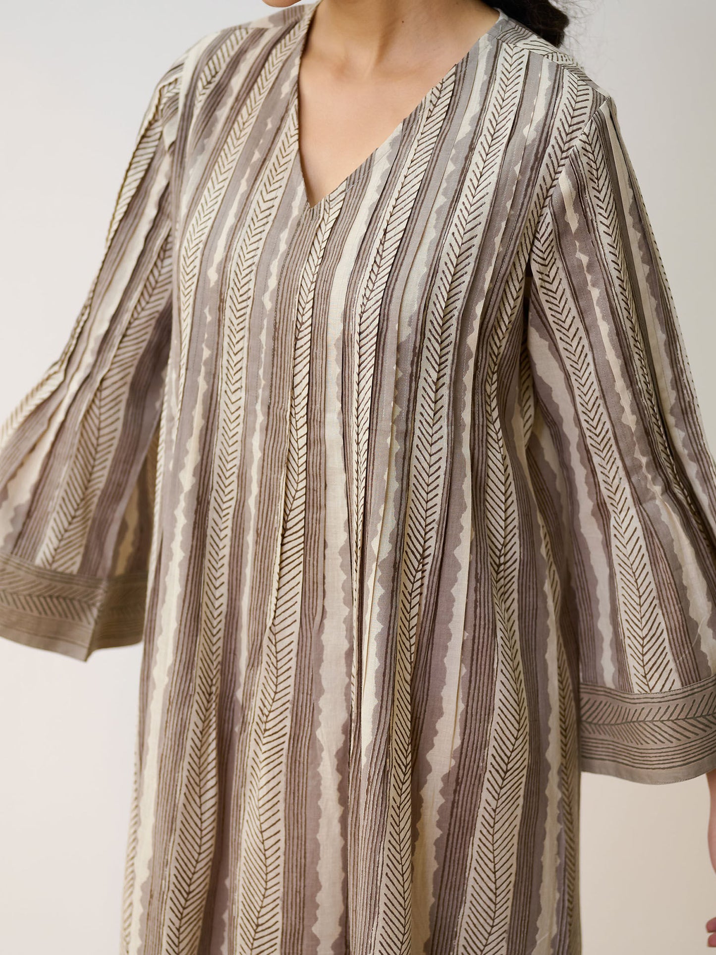 Dabu Grey Cotton A-Line Dress with Pintuck Detail