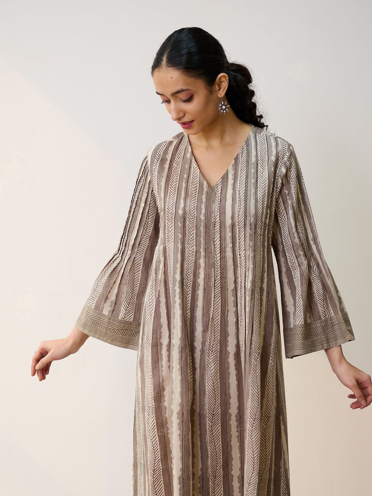 Dabu Grey Cotton A-Line Dress with Pintuck Detail