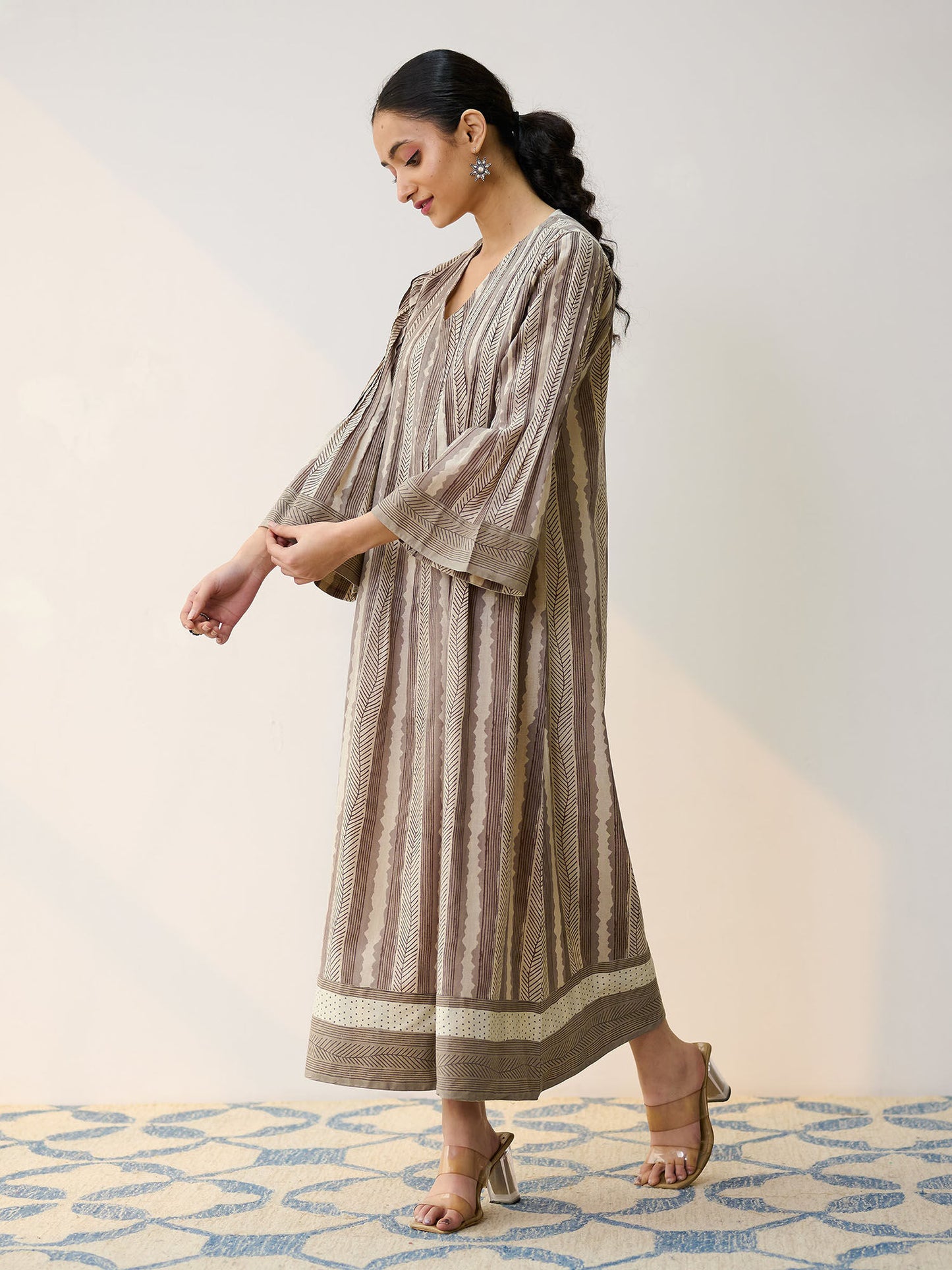 Dabu Grey Cotton A-Line Dress with Pintuck Detail