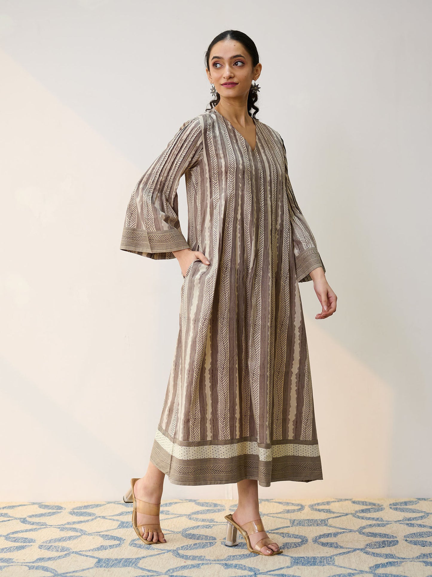 Dabu Grey Cotton A-Line Dress with Pintuck Detail